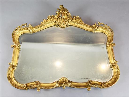 A French giltwood and gesso cartouche shaped wall mirror, W.3ft 9in. H.3ft